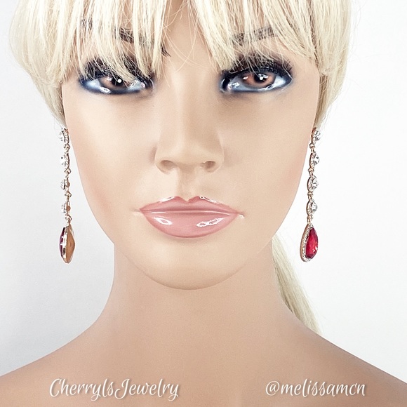 Long Red Crystal Rhinestone Occasion Earrings - Picture 4 of 5